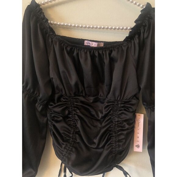 NWT Crave Fame Size M Black Blouse Long Balloon Sleeve Ruching Cropped Boho - Picture 2 of 6